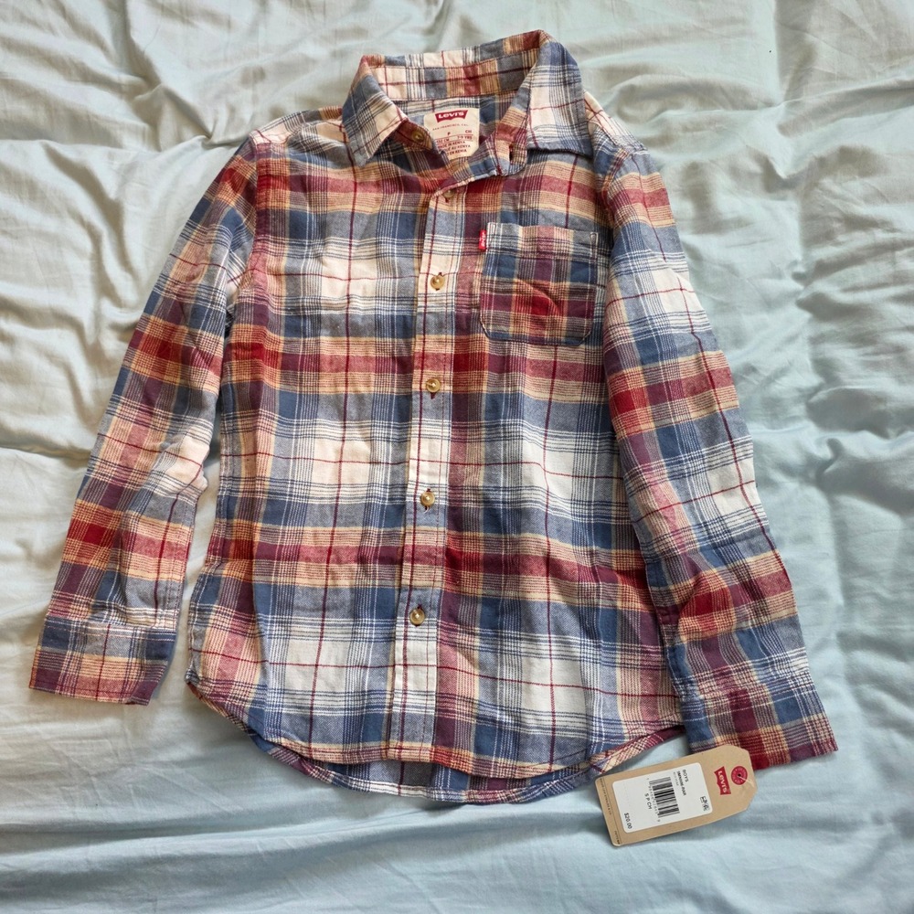 Levis Boys Plaid Flannel Shirt Red Pear Long Sleeve Button Down 9MN986-RAR Small